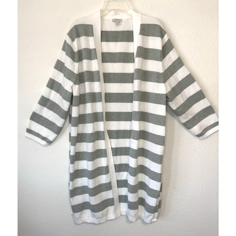 Talbots Striped Open Front Long Duster‎ Cardigan Women’s XL White Gray